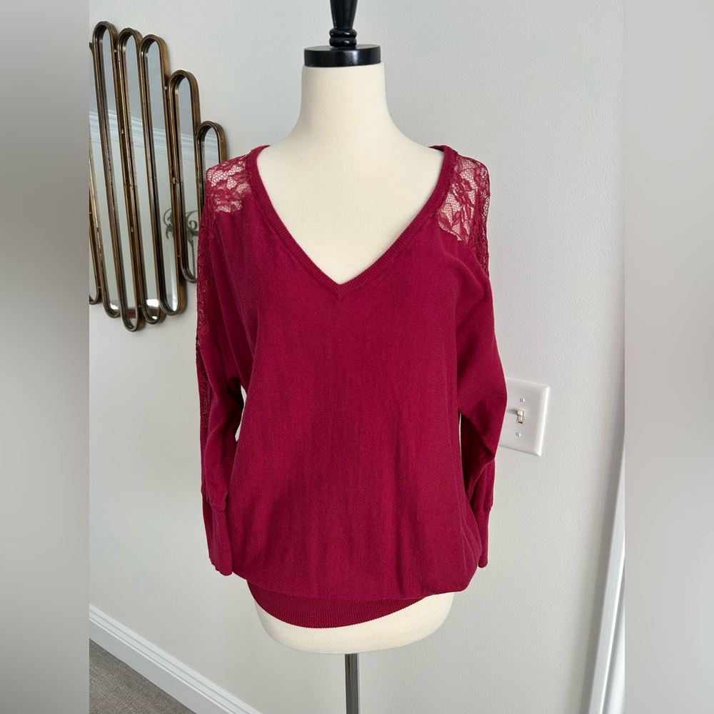 NWOT LC Lauren Conrad Sweater Shirt Red Burgundy Raspberry Dolman Lace V Neck L